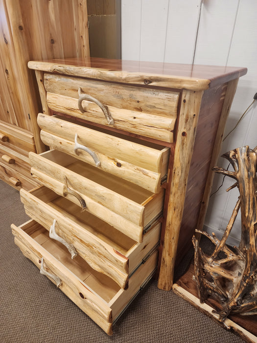 Rustic Red Cedar 5 Drawer Chest with Antler Handles